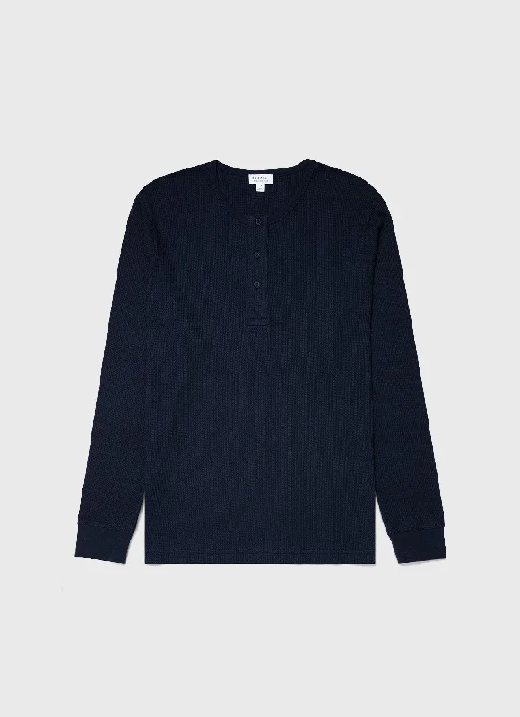 Men's band t-shirt-Men's Long Sleeve Waffle Henley in Navy