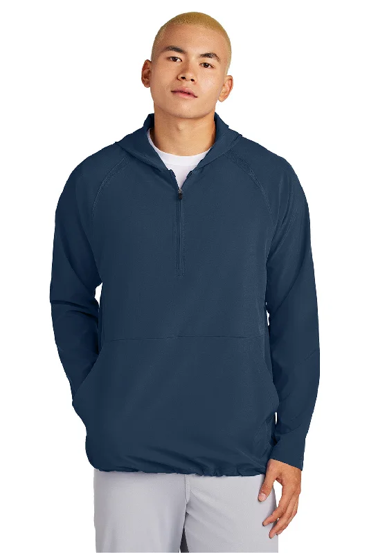 Men's lightweight bomber coat-Sport-Tek Mens Repeat Moisture Wicking 1/4 Zip Hooded Jacket - True Navy Blue - New