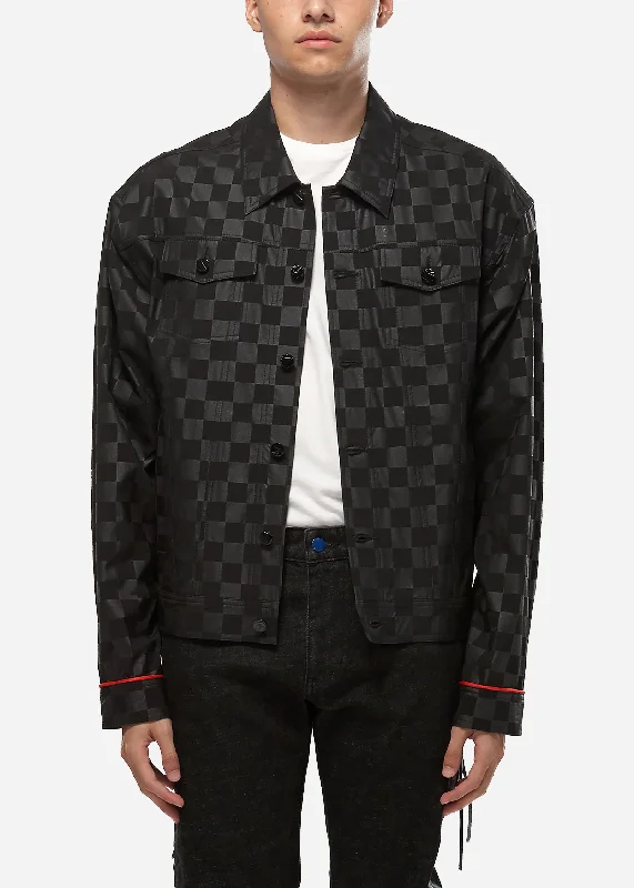 Men's ultra-lightweight travel jacket-Konus Men's Black Checkered Trucker Jacket