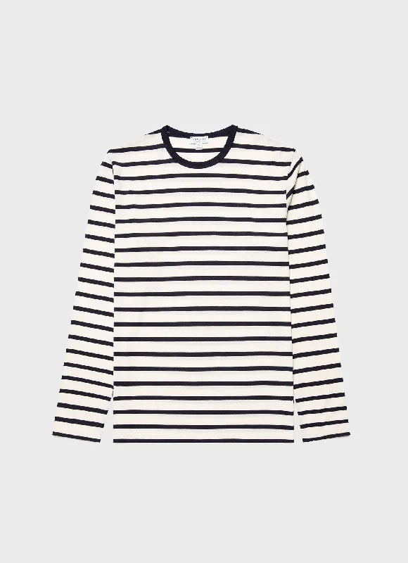 Men's eco-friendly t-shirt-Men's Long Sleeve Classic T-shirt in Ecru/Navy Breton Stripe