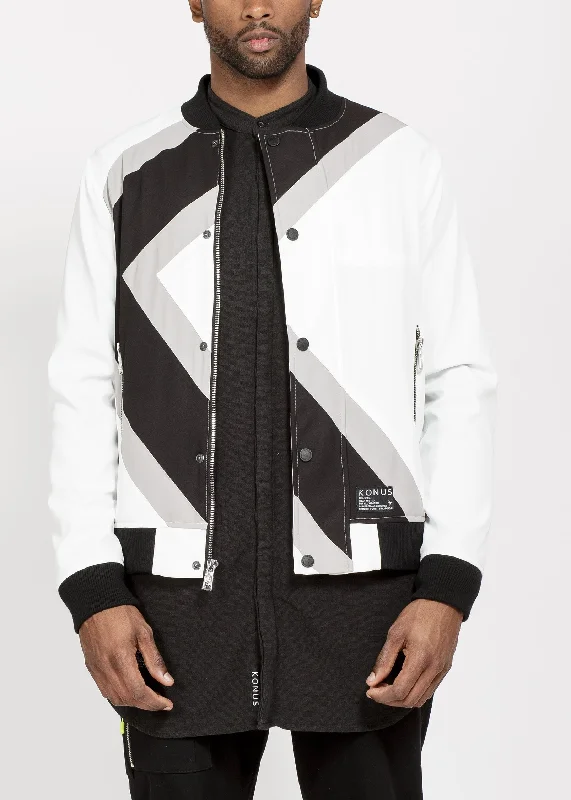 Men's fashion-forward field coat-Konus Men's Bomber Jacket With Geometric Panels in White