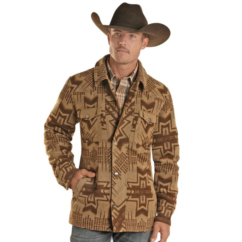 Men's tech-fabric puffer jacket-Powder River Outfitters Men's Tan Aztec Wool Coat