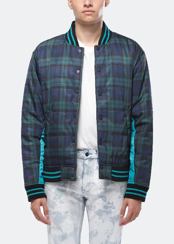 Men's comfortable leather jacket-Konus Men's Plaid Bomber Jacket in Green