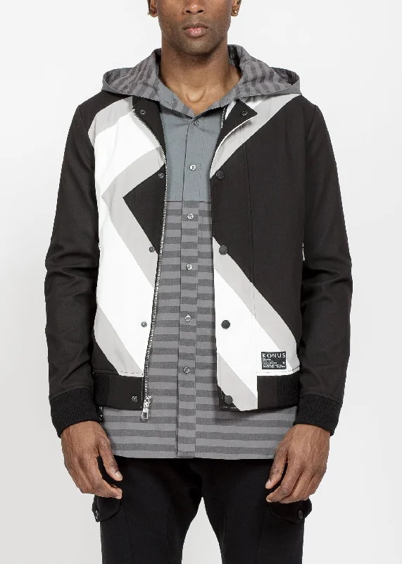 Men's breathable bomber jacket-Konus Men's Bomber Jacket With Geometric Panels in Black