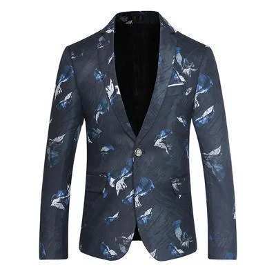 Men's breathable travel jacket-Men's Blazer One Button Blazer Blue Flowers