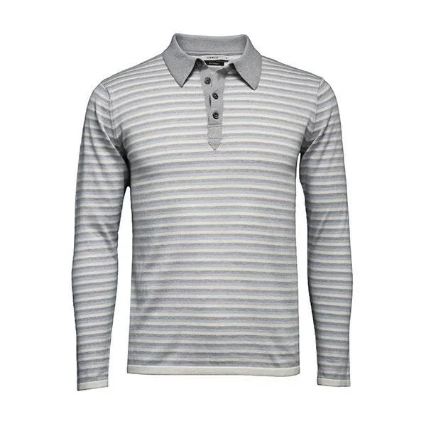 Men's fashionable travel polo shirt-Blue grey Striped Long Sleeve Polo Shirt