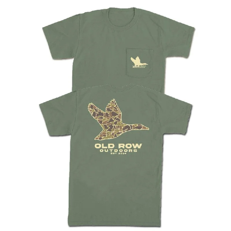 Men's surf t-shirt-Old Row Outdoors Flying Duck Camo Pocket Tee