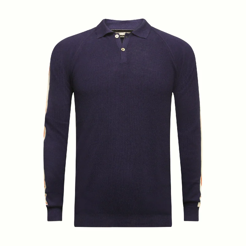 Men's adaptable polo shirt-Long Sleeve Polo Shirt with sleeve striping Monaco Navy