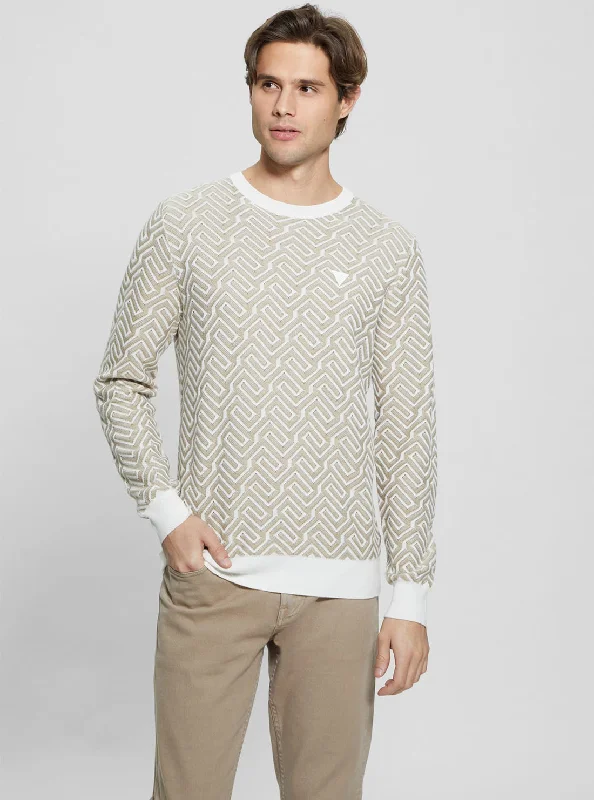 Men's plain sweatshirt-Eco Green Geometric Print Knit Jumper